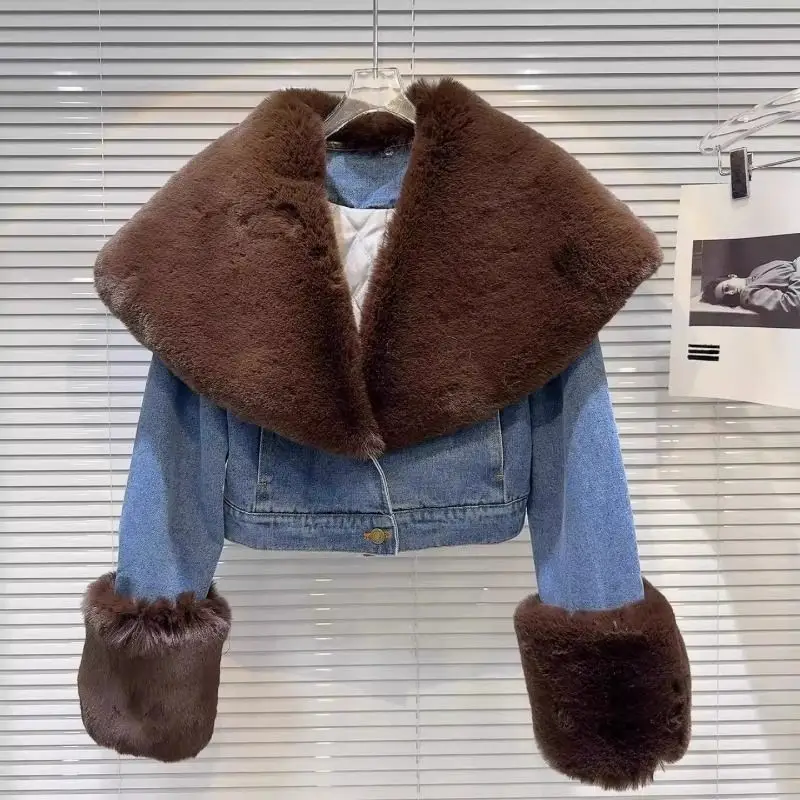Winter new navy fur collar with cotton clip denim short style jacket women fashion personality color blocking versatile coat