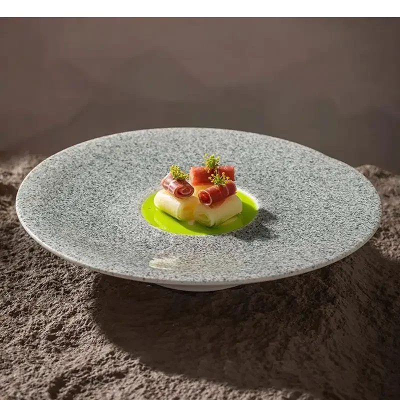 

Retro High Legged Flat Plate Ceramic Dessert Sushi Pasta Plates Restaurant Molecular Cuisine Specialty Tableware