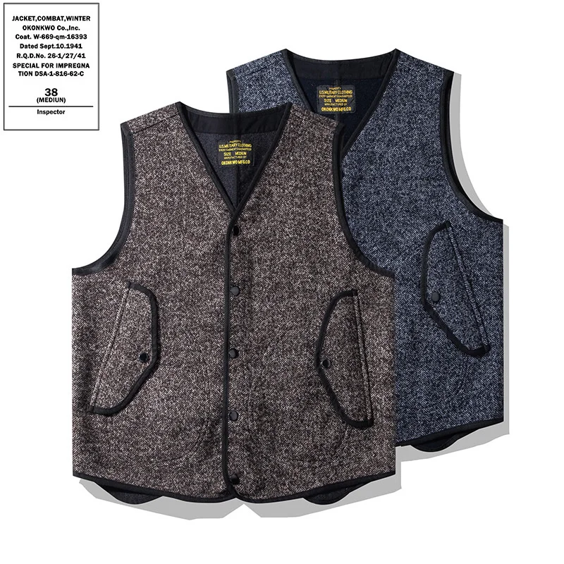 

OKONKWO AMEKAJI British Coarse Flower Wool Vest Outdoor Travel Climbing Trekking Camp Tooling Thick V-neck Warm Plush Waistcoat