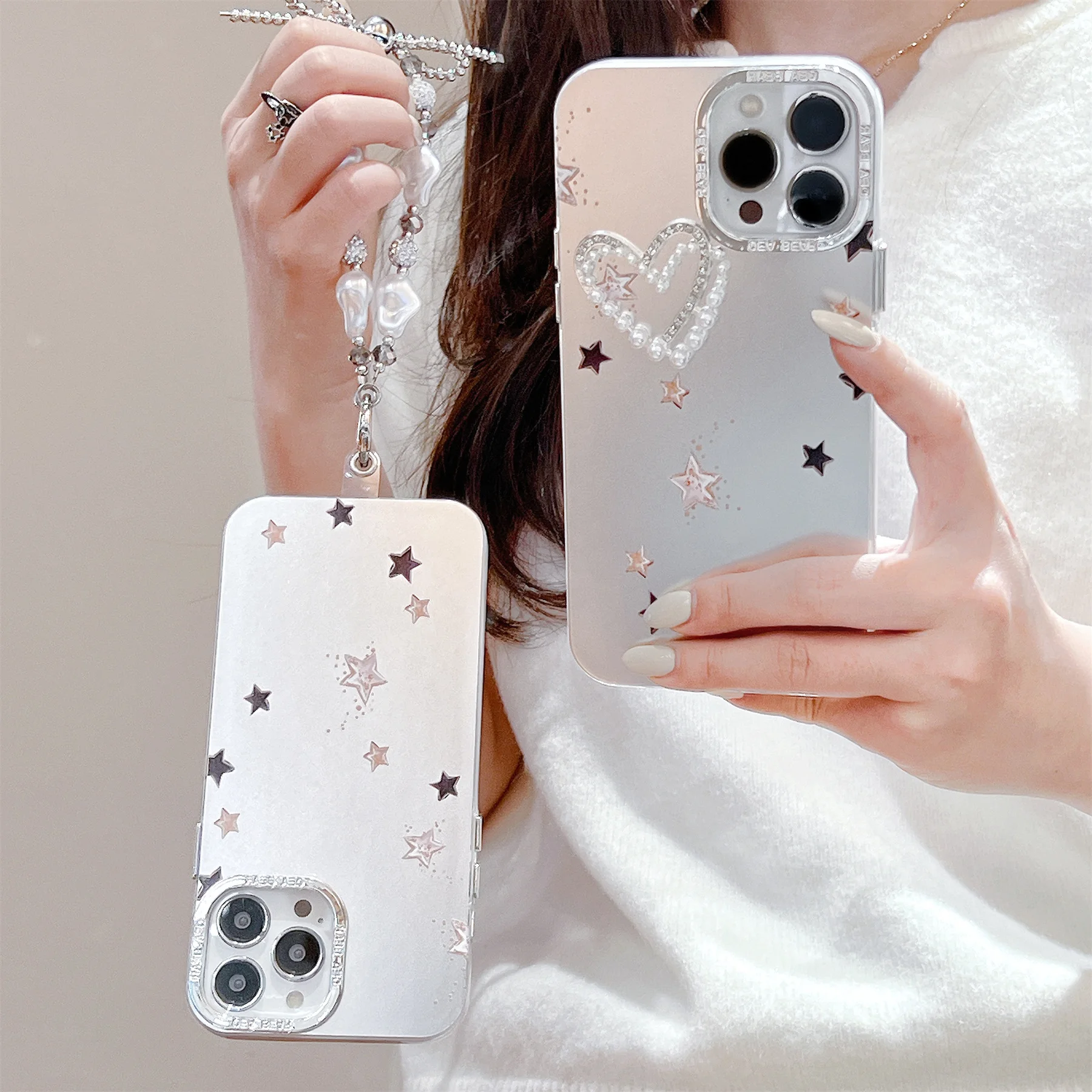 Korean Luxury Electroplated Star 3D Pearl Heart Bow Bead Bracelet Case for iPhone 15 14 13 12 Pro Max Back Cover For Girl Gift