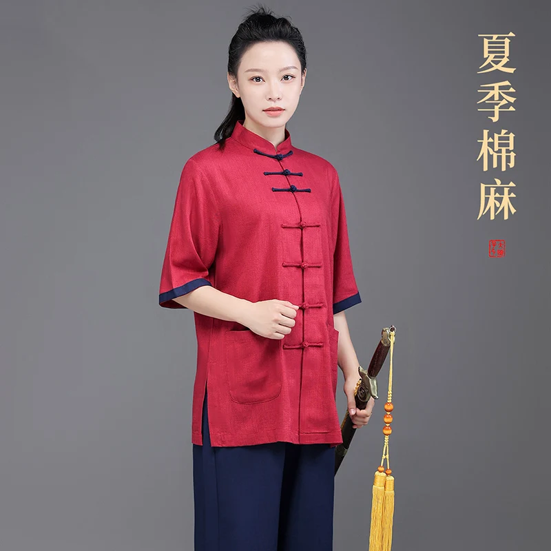 Summer Thin Short Sleeve Tai Chi Suit, Unisex Linen Cotton Top for Baduanjin & Martial Arts Practice