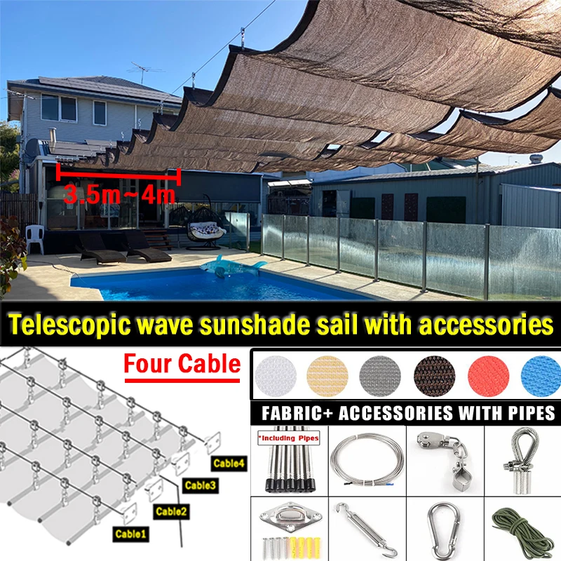 Width 3.5~4m Telescopic Outdoor Awning 300D Rainproof Wave Sun Shade Sail Anti-UV Pergolas Sun Canopy Retractable Shading Net