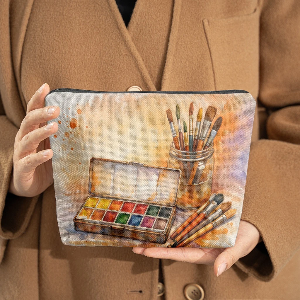 1pc Makeup Bag with Painting Tools And Watercolor Paints, Double-Sided Printed Material, Suitable for Friendship, Birthdays