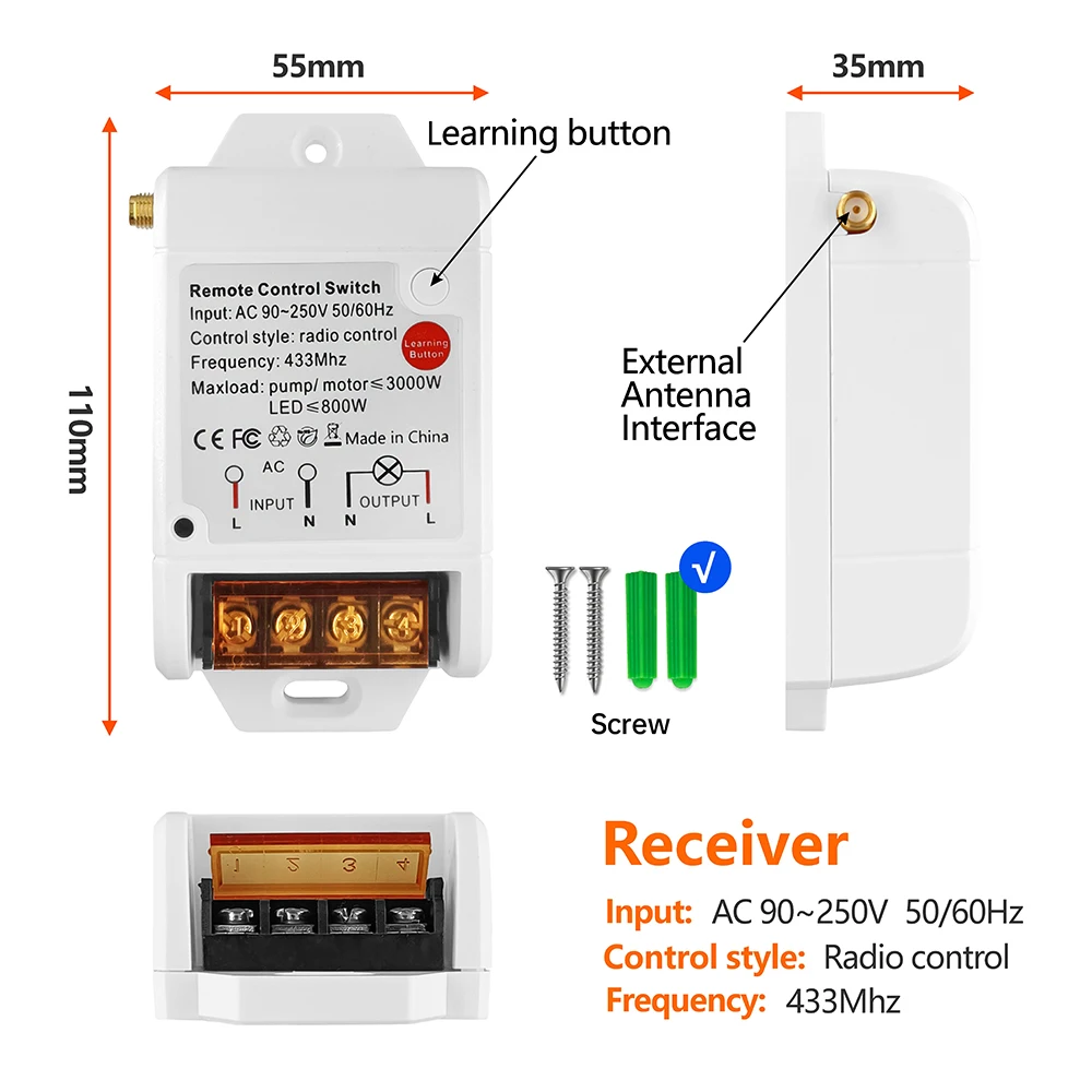 Interruptor de Control remoto de bomba inalámbrica RF, módulo de relé con antena externa, transmisor de 110 m, para luz/Motor, 220V, 433 V, 30A,