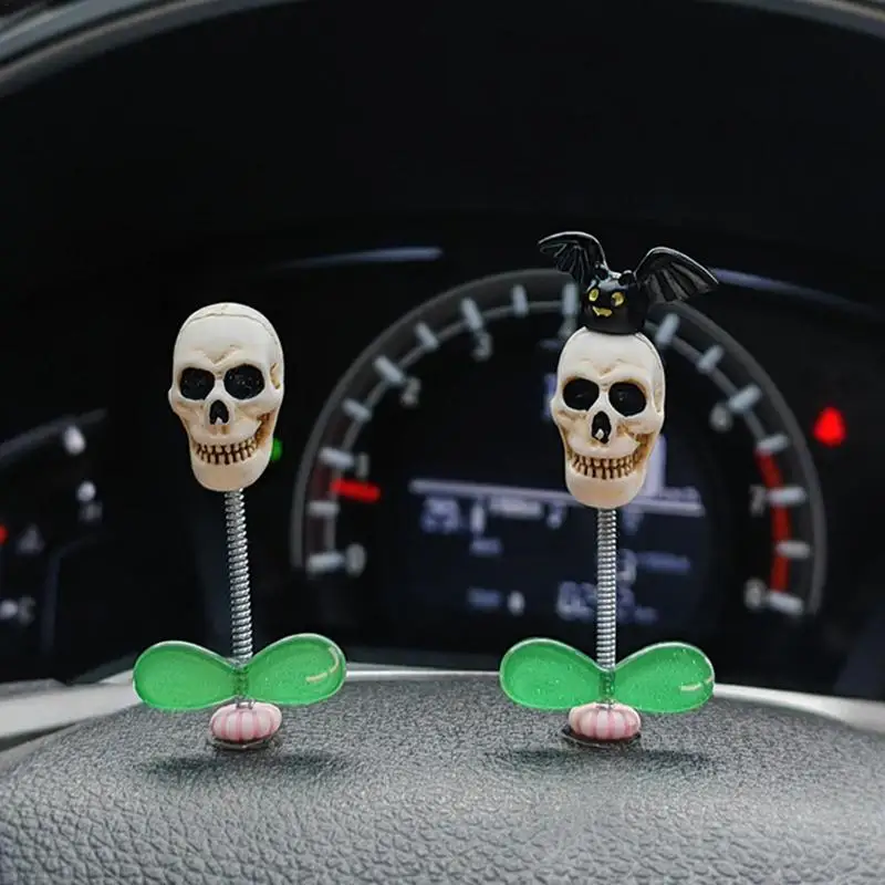 Halloween Car Skull Shaking Head Ornaments Auto Dashboard Decor Car Center Console Decor Spring Skull Head Decoration