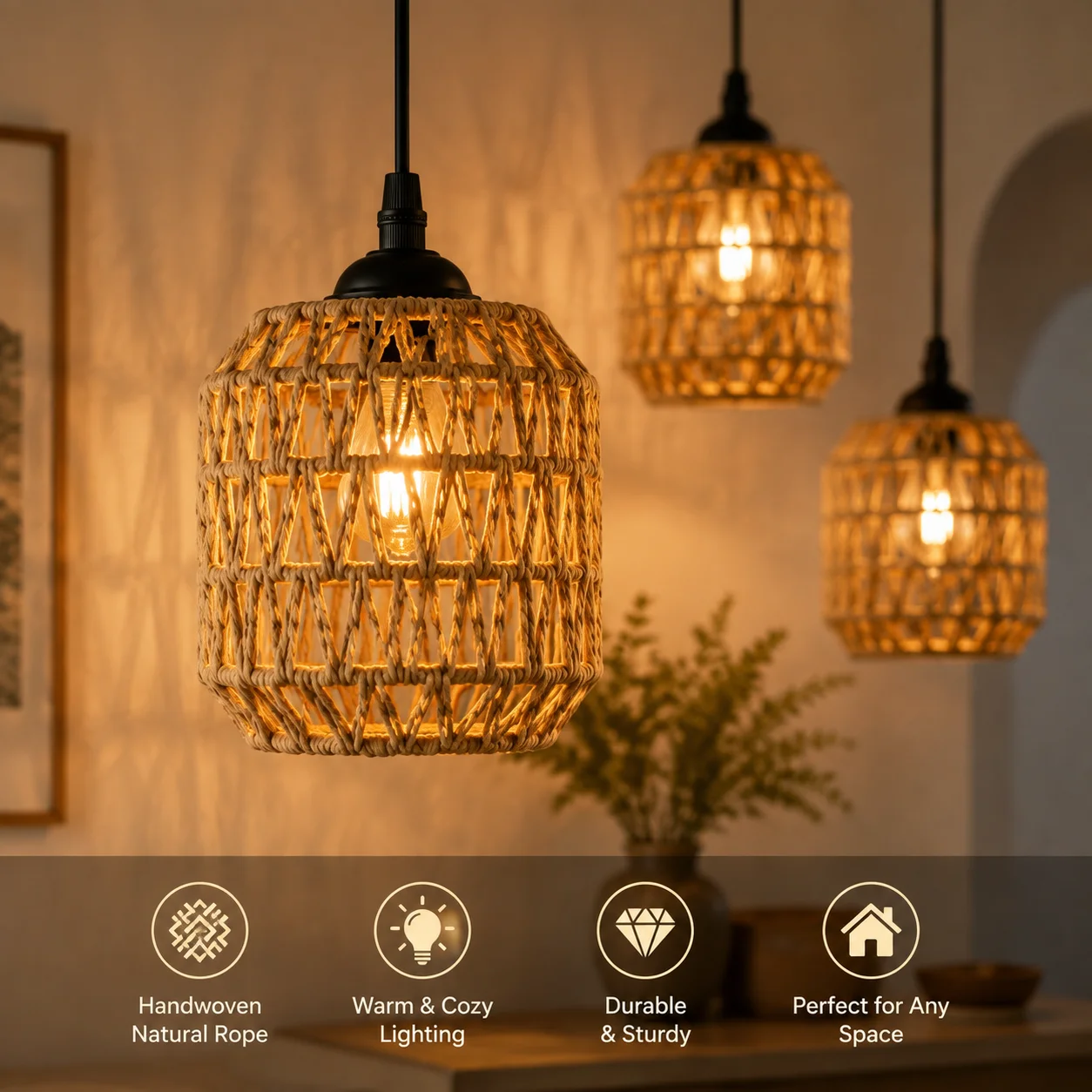 Boho Rattan Woven Rope Pendant Light E27 - Hanging Ceiling Lampshade for Living Room Bedroom Dining Room Decor