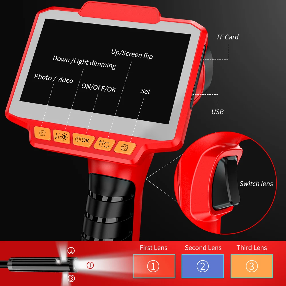 DVR 2M/5M/10M Cable Waterproof IP67 1080P,Three Lens 8mm Diameter, SYANSPAN Pipe Inspection Camera Security System Car Inspect