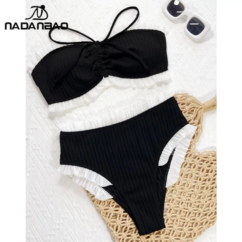Nadanbao Black White Contrast Color Bikini Set Women Bandeau High Waist Bathing Suit Bow Front Swimsuit Ruffle Trim Beachwear