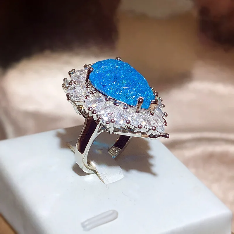 New Simulation Of  Aquamarine Topaz Heart-shaped Full Of Diamonds Temperament Open Ring Female 925 Stamp Jewellery Party Gift