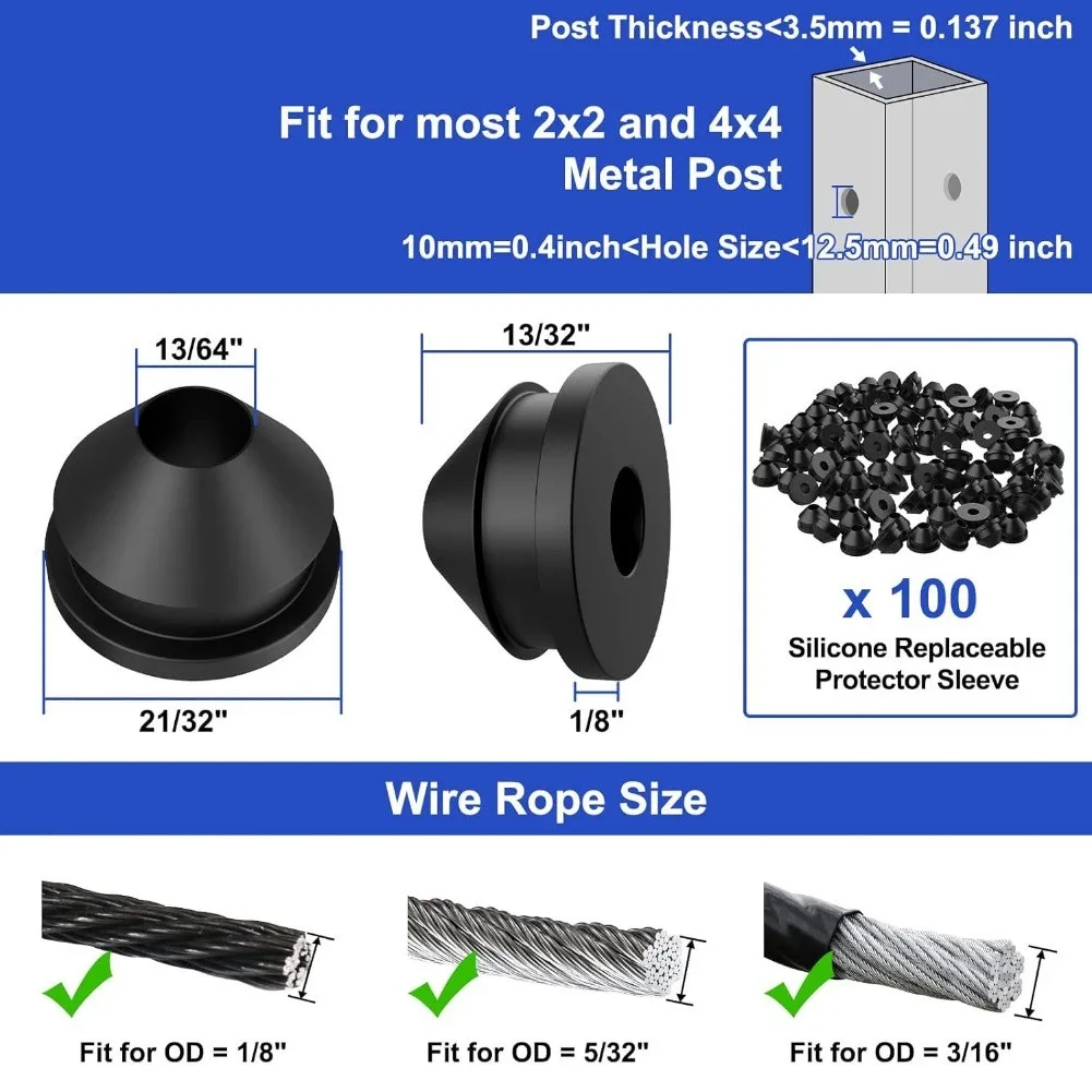 50/100Pcs Cable Railing Rubber Grommets For 1/8'' 5/32'' 3/16'' Wire Rope Protector Sleeves Rubber Grommet Kit Black