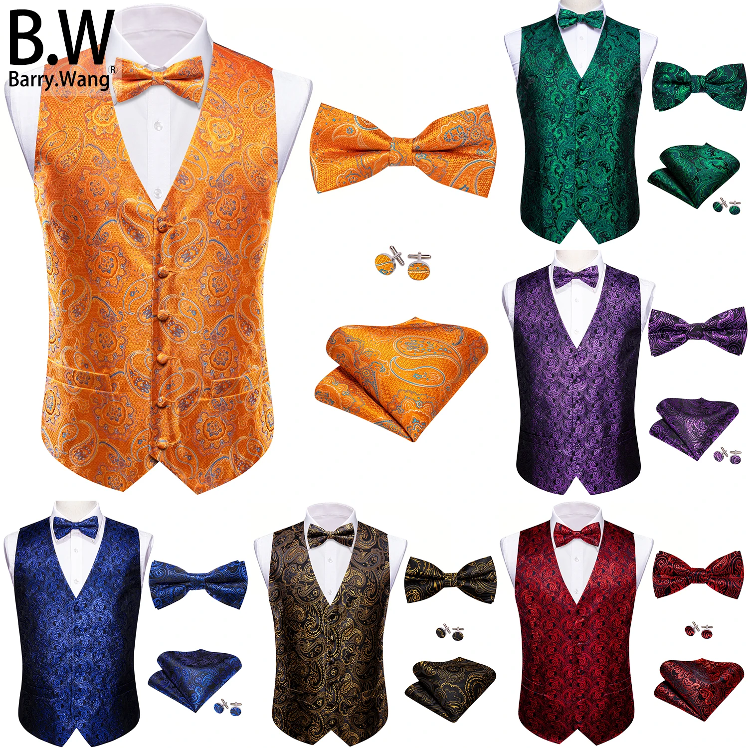 Barry.Wang Silk Men Vest Jacquard Paisley Floral Waistcoat Bowtie Hanky Cufflinks Set Sleeveless Jacket Wedding Business Gift