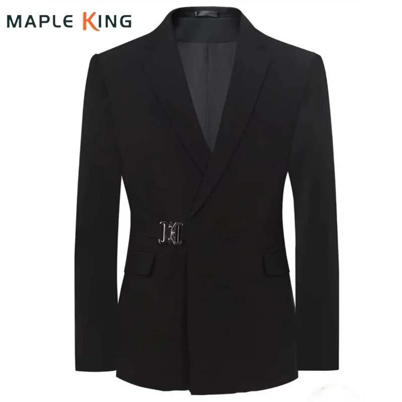 Vintage Men's Metal Buckle Designer Blazer Masculino Gentleman Slim Fit Business Performance Suit Elegant Black Jacket Coats