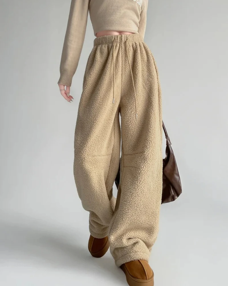 Women's  Wide-Leg Pants Winter 2025 New Style Double-Sided Fleece High-Waist Loose Straight-Leg Pants Warm Casual Pants