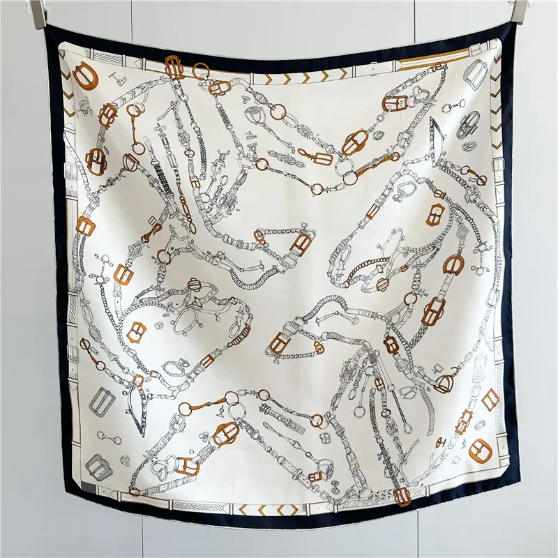 Women Line Drawing Stirrup Buckle Vintage Square Scarf 88x88CM 100% MULBERRY SILK Twill Scarf Head Wrap Handbag Decoration