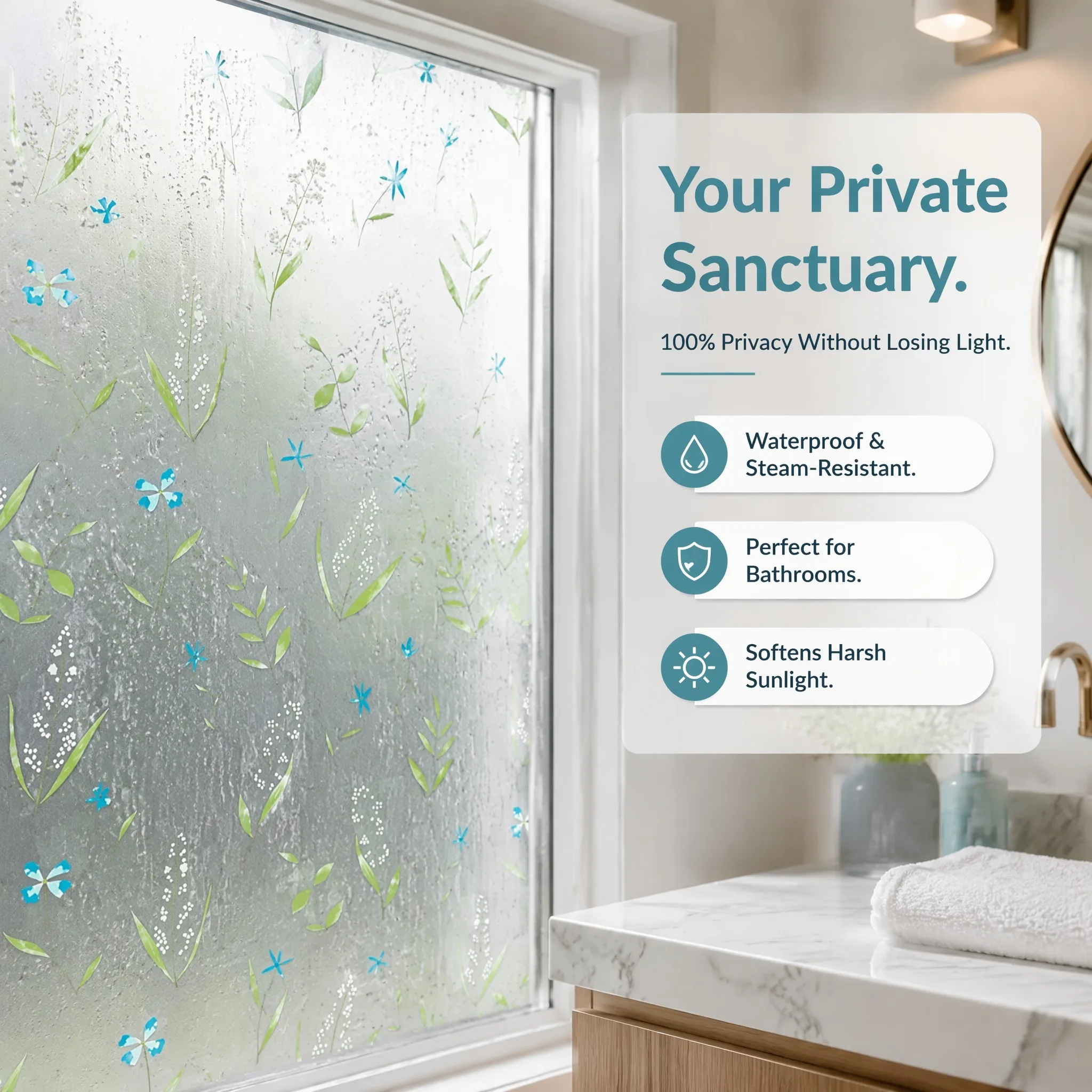 Blue Wildflower Self-Adhesive Frosted Window Film Privacy Decorative Sticker for Glass Kitchen Bathroom