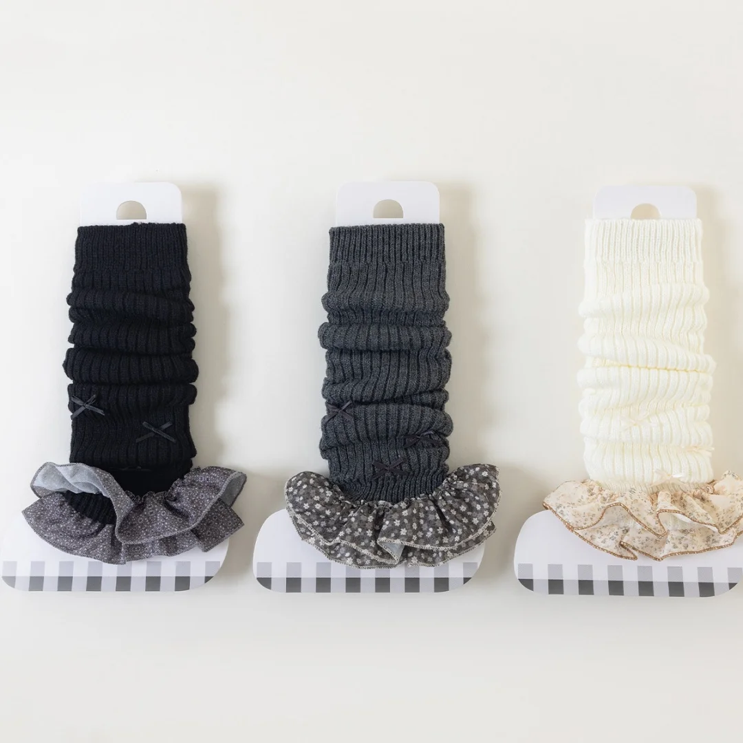 Autumn Winter Girls Knit Bow Leg Warmers Floral Ruffle Warm ChildrenMid Calf Solid Sock for Girls Sweet Soft Kids Sock