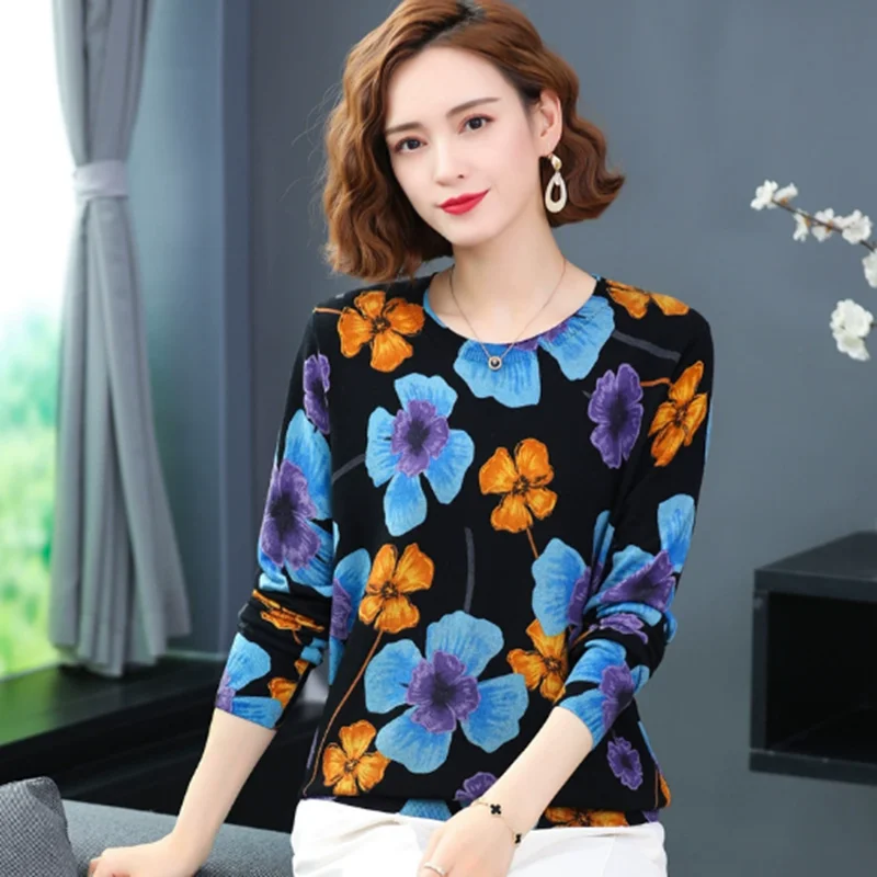 Retro damestrui met ronde hals en bloemen, losse trui 2025, vroege herfst, bedrukte trui, top, grote maten, gebreide dameskleding