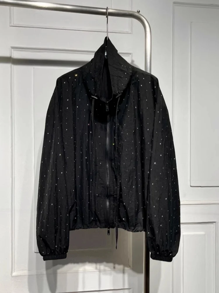 Extra Large Size Long Sleeve Diamond Embellished Stand Collar Summer Lightweight Women's Jacket Loose Fit Air Conditioning Shirt