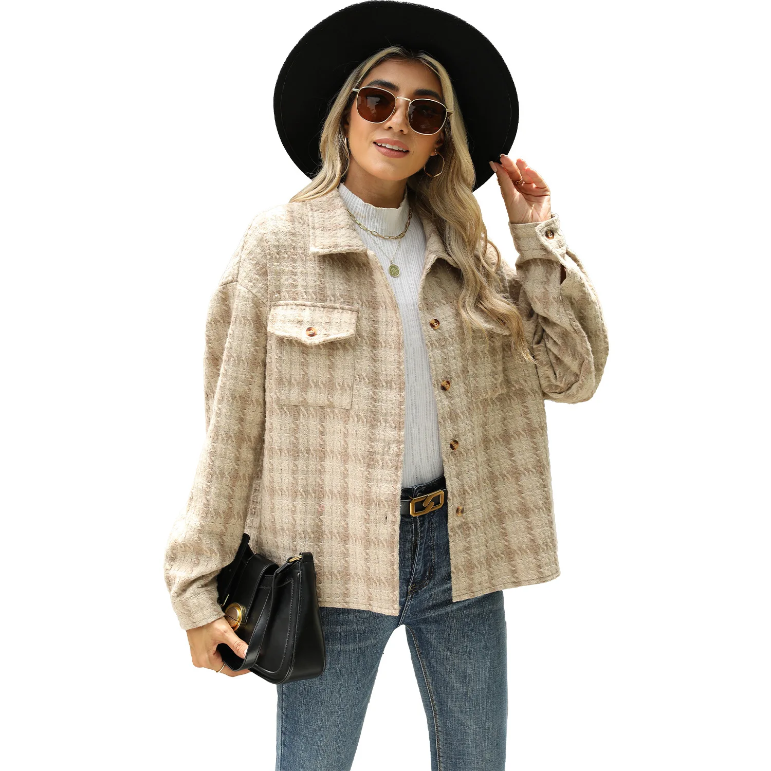

Women's Woolen Cardigan Coat Thiened Long Sve Mid-Length Plaid Pattern Commute Sle Spring Season PU Material