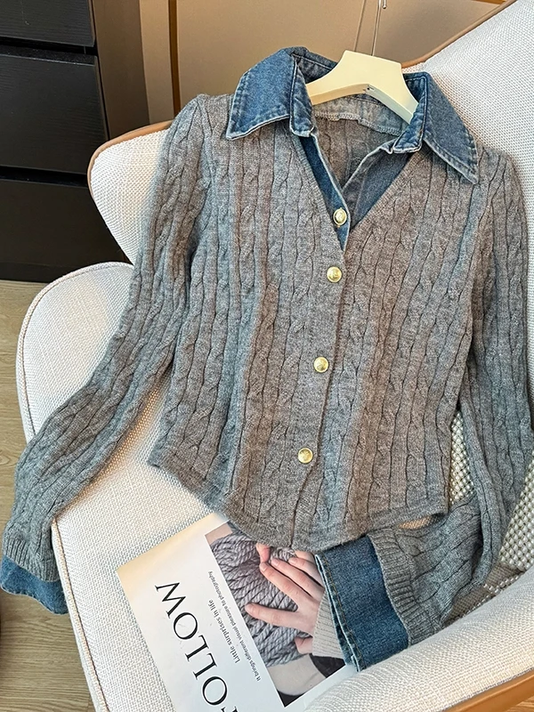 بلوزة نسائية محبوكة ذات ياقة زرقاء من قماش الدنيم طويلة Sve متعددة الاستخدامات للخريف والكلية ملابس تريكو غير رسمية...