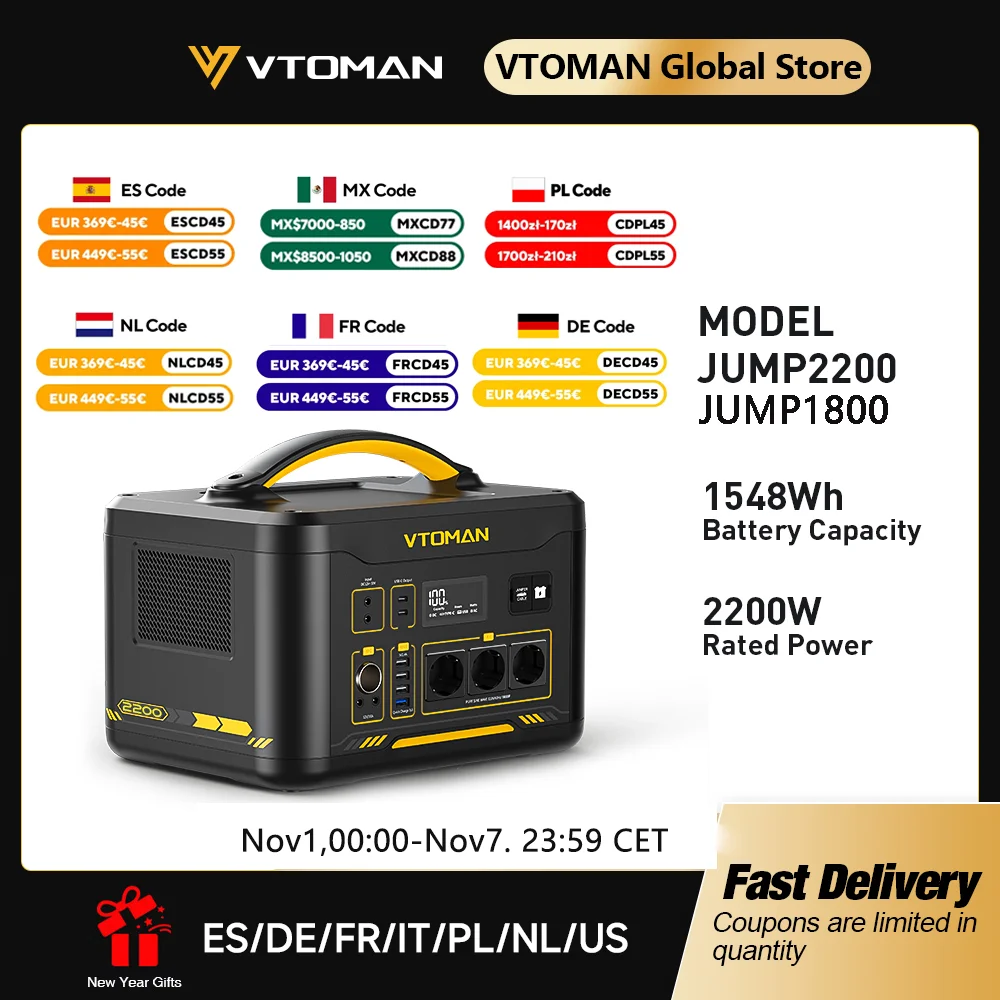 VTOMAN JUMP 2200 / JUMP 1800 Portable Power Station 828/1548Wh LiFeP04 Battery Solar Generator Solar for Home Outdoor Camping