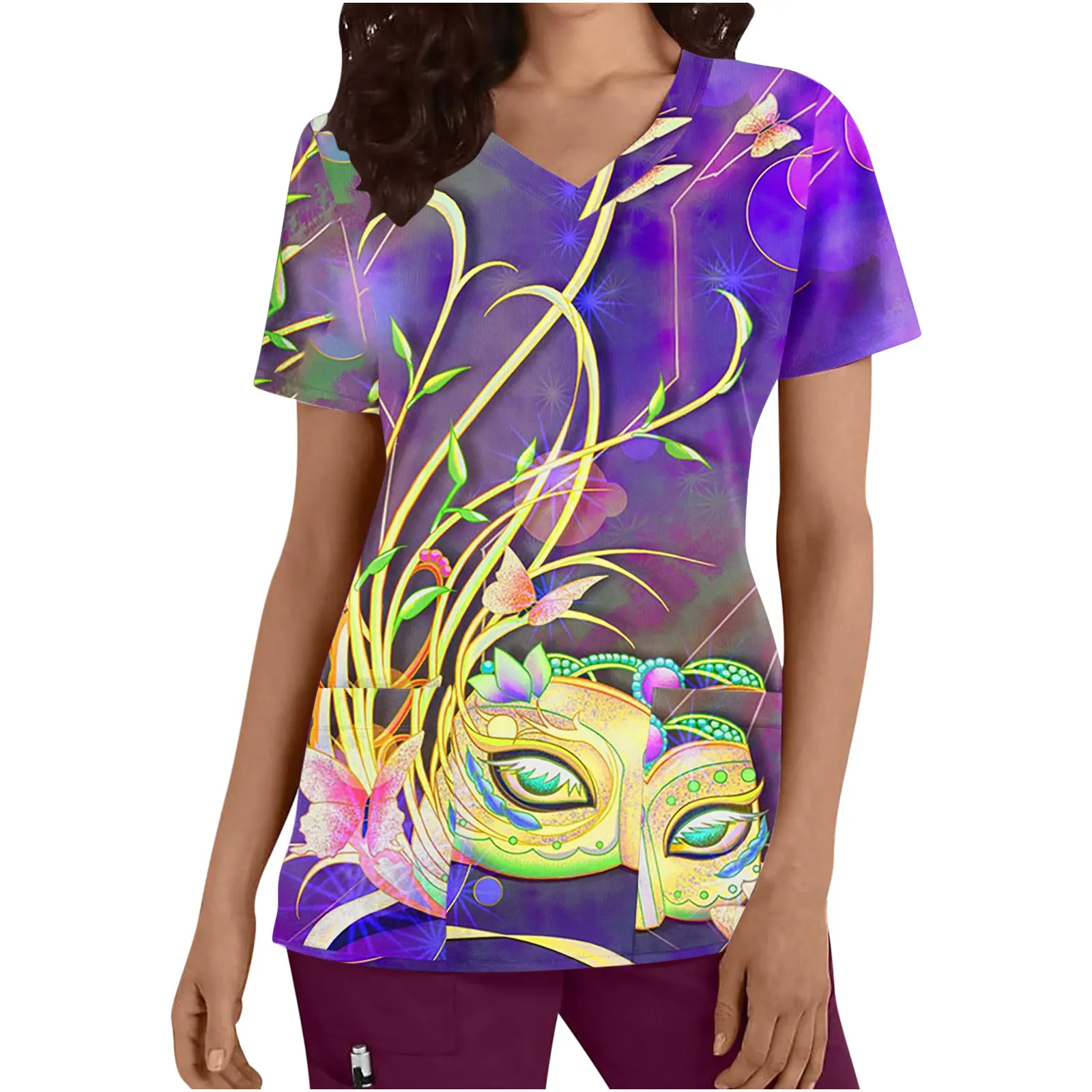 Carnival Mask 3D digital printed women's top Short sleeve V-neck printed T-shirt top