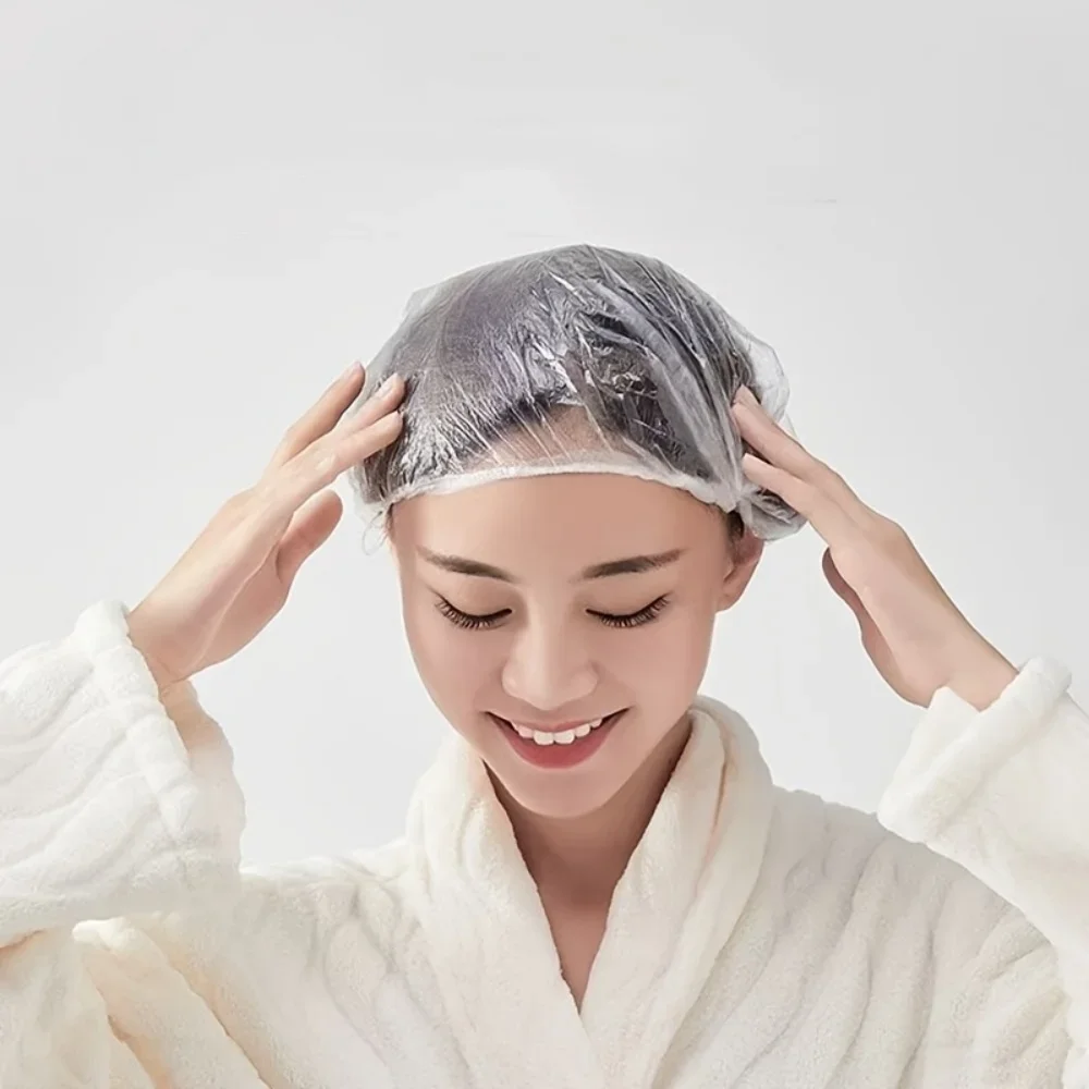 300PCS Disposable Shower Caps Waterproof Clear Plastic Hair Caps Elastic Bath Caps For Home Hotel Salon Hair Dye Shower Use