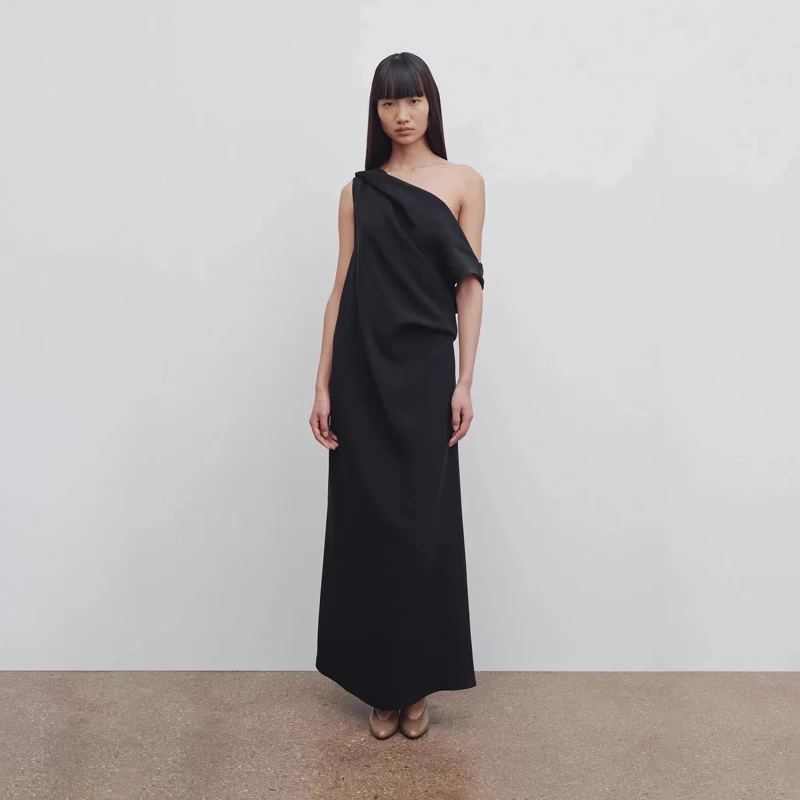 

Ele mat American Sle Asymmetrical Pleated Svel A-Line Dr Evening Gown oulder Bared Skirt Single Piece