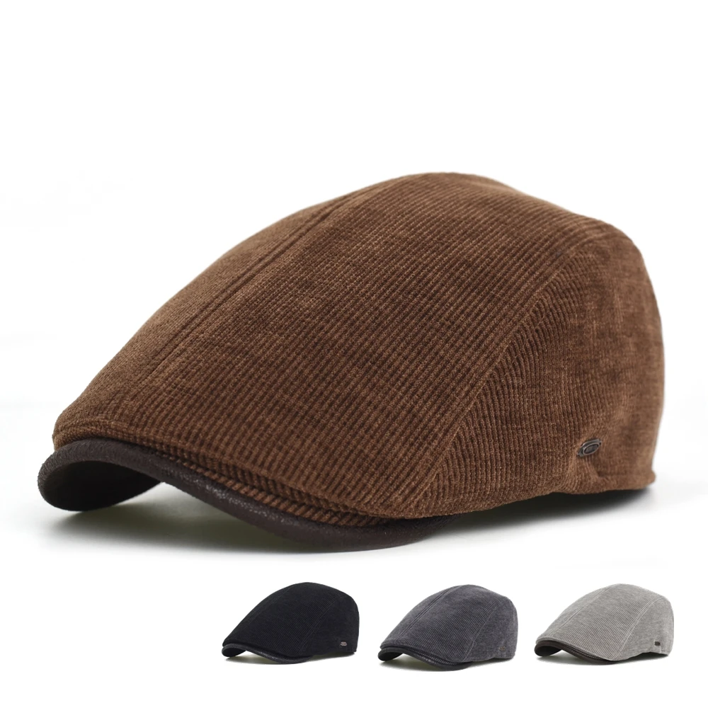 Newsboy Cap Men Winter Thick Warm Vintage Herringbone Casual Stripe Berets Flat Hat Peaked Cap Adjustable