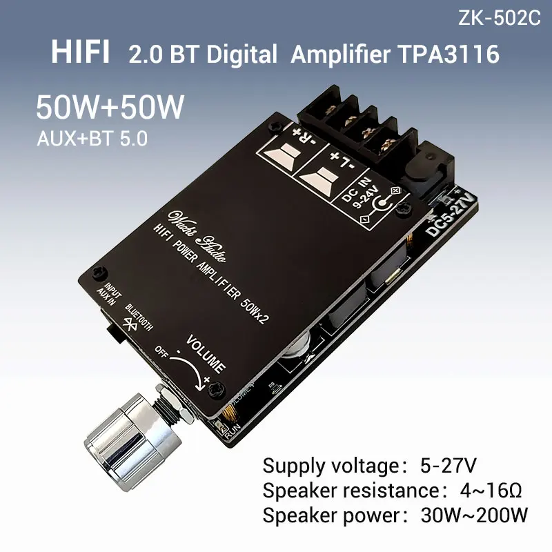 Zk-502C HiFI Stereo Bluetooth 5.0 TPA3116 Digital Power Audio Amplifier board TPa3116D2 50Wx2 Stereo Amp Amplificador