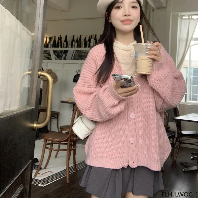 2023 Autumn Winter Coat Outerwear Casual Loose Lazy Japan Preppy Style Single Breasted Button Knitted Sweater Cardigans Pink