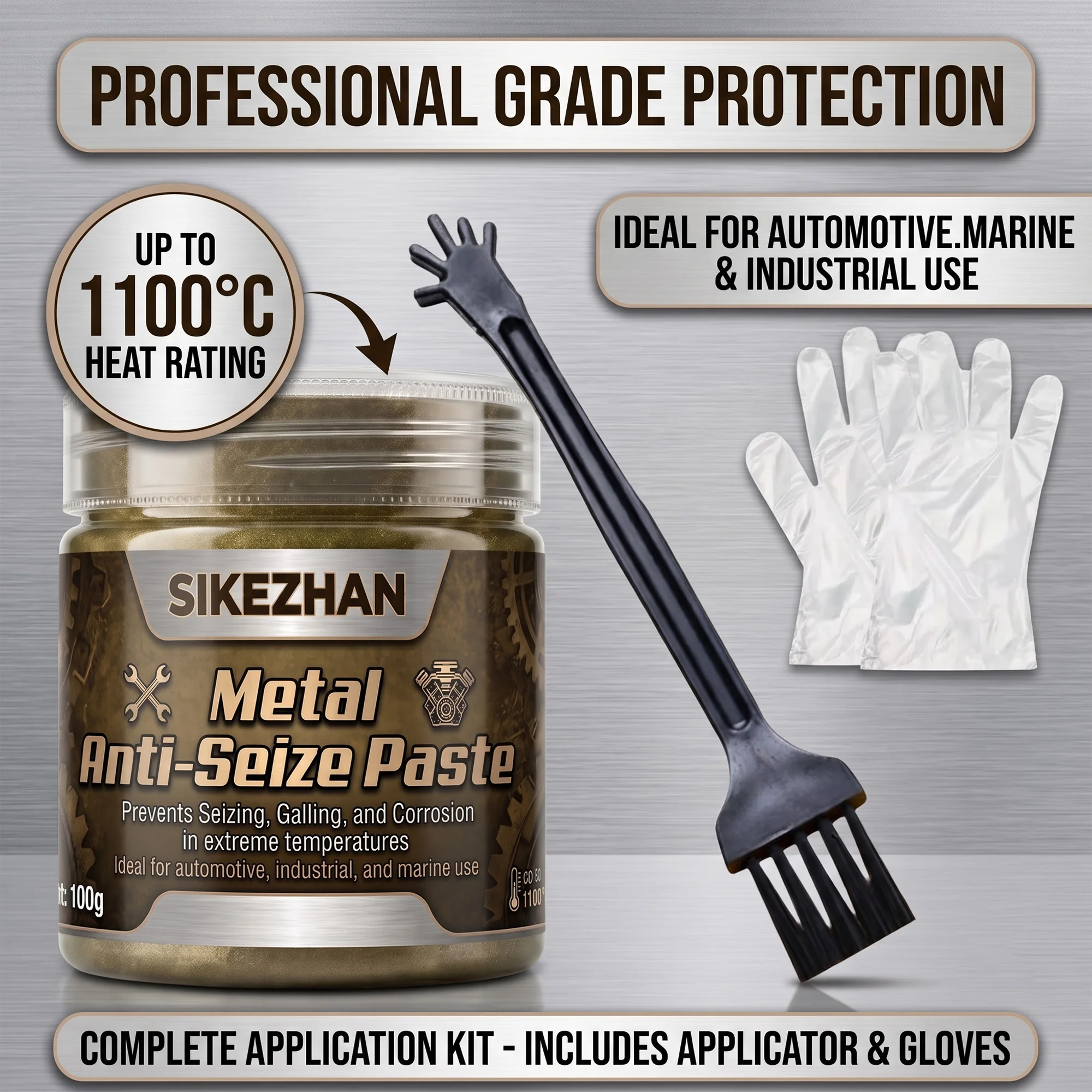 1100°C High Temp Anti Seize Lubricant Metal Paste Heavy Duty Waterproof Grease with Application Brush for Car Exhaust & Bolts