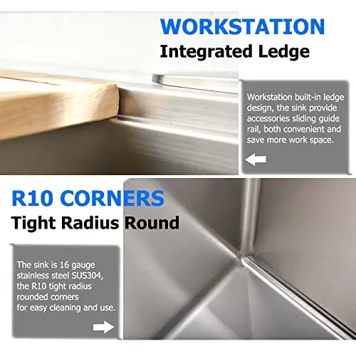 

30x19 Inch 16 Gauge 304 Stainless Steel Undermount Single Bowl Sink With Integrated Workstation Edge And R10 Rounded Corners