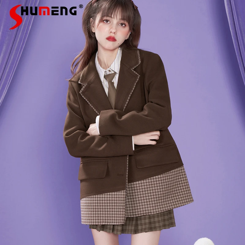 

Cool Outer Wear Woolen Inner Quilted Sweet Cool College Style Plaid Blazer Warm Long Sleeves Coat Patchwork Top Women's Clothing