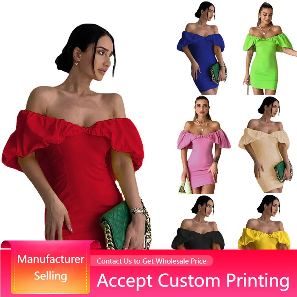 

Ladies Mini Dresses Sexy Off Shoulder Sleeveless Ruffles Tube Top Dresses Bodycon Shrink Pleated One-shoulder Package Hip Dress