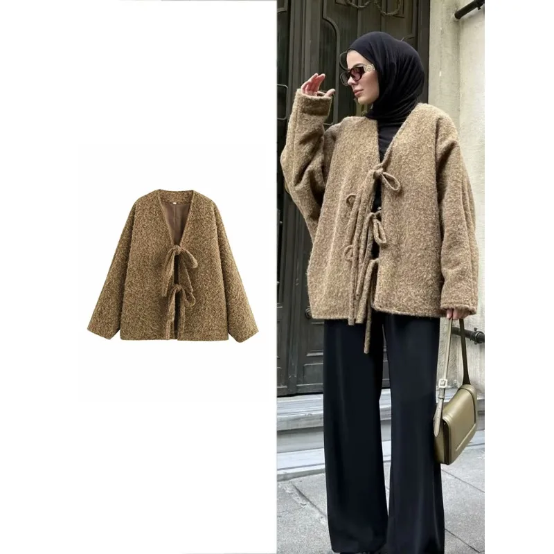 

Осенне-зимнее свободное женское пальто с v-образным вырезом и завязками, модный повседневный вязаный кардиган, однотонный женский топ в стиле ретро в стиле ретро