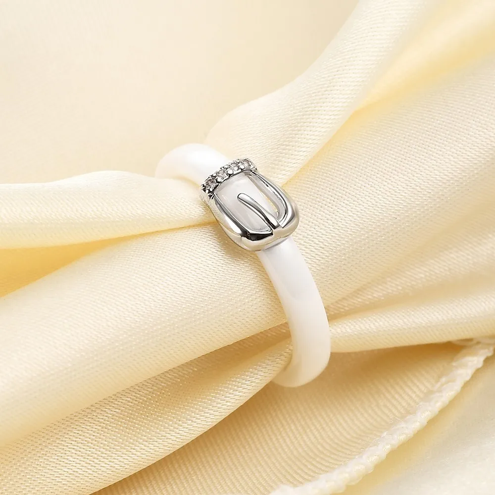 4mm Black/White Ceramic Crystal Wedding Rings Jewelry For Women Personalized Belt Buckle Stainless Steel Lovers Ring Engagement