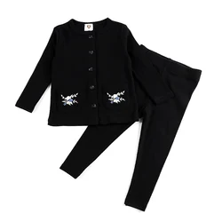 1y-4y Unisex Baby Ribbed Outfit Set Long Sleeve Top+Pants Matching Pajamas Set 2 Piece Sleepwear Kids Button Nightwear Pjs Black