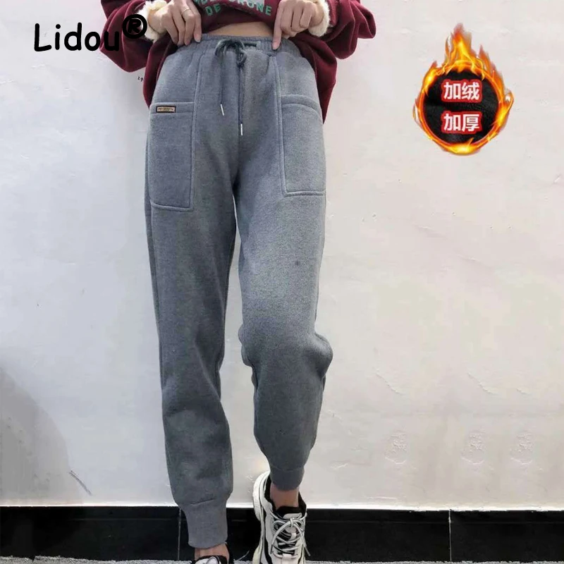 

Autumn Winter Women Casual Streetwear Sports Joggers Fleece Warm Ankle Length Pants Gray Loose Pockets Sweatpants Y2K Pantalones