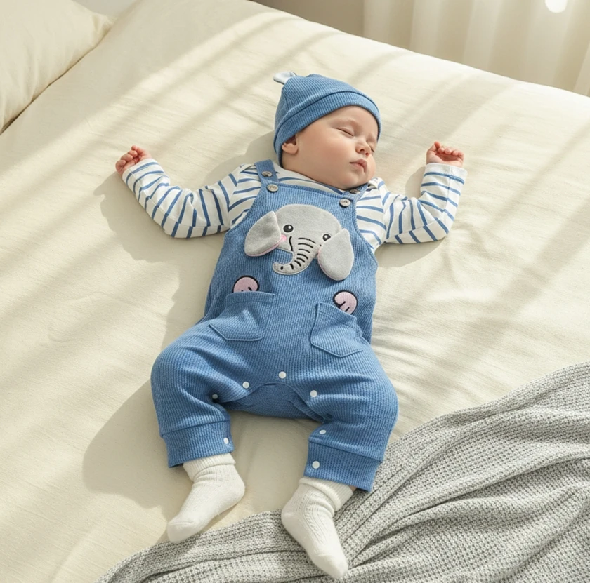 لطيف طفل الفتيان 3 قطعة مجموعات ملابس طويلة الأكمام طاقم الرقبة مخطط رومبير الفيل التطريز الحمالة السراويل طقم قبعات #3