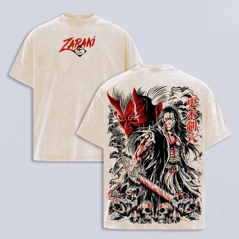 BLEACH Kenpachi Zaraki Print T-shirt Vintage Washed T Shirt Men Women Harajuku Anime Short Sleeve Tee Oversized Streetwear Tops