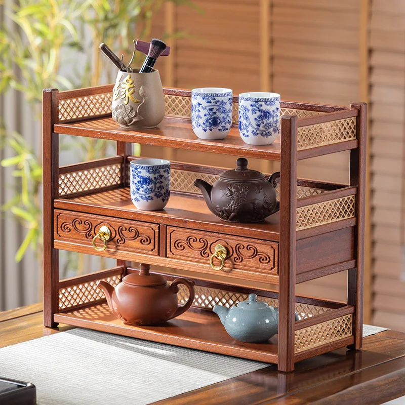 Chinese Style Desk OrganizerSolid Wood Tea Shelf,Multi-layer Cup HolderSpacious Office Storage Rack,Bamboo Desktop Display Stand