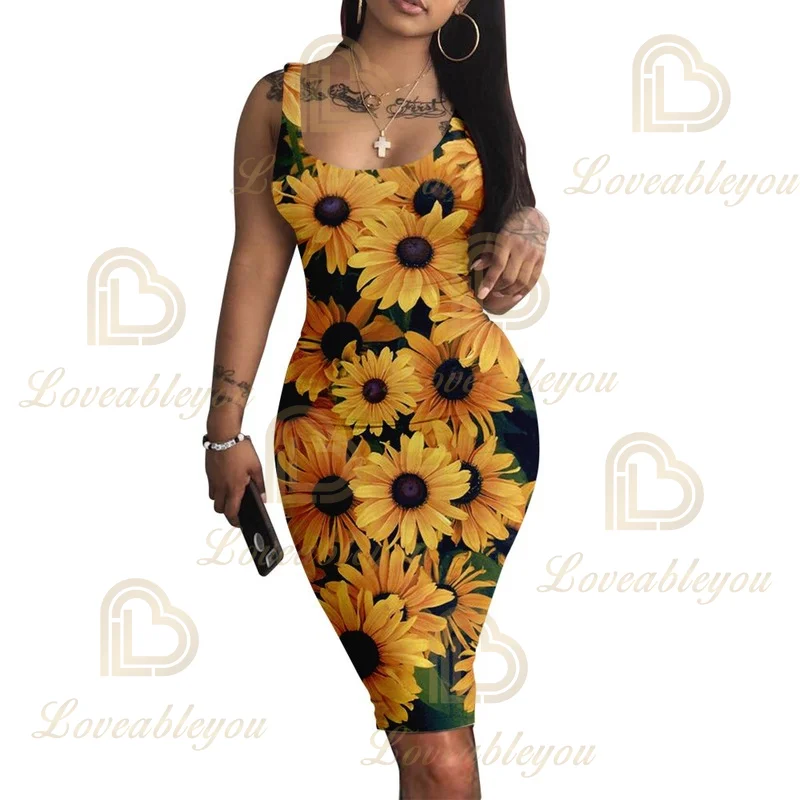 Vestidos Mujer Verano 2021 Plump Women\'s Floral Print Sunflower Sleeveless Dress Slim Vest Sexy Party Robe Longue Pencil Dresses