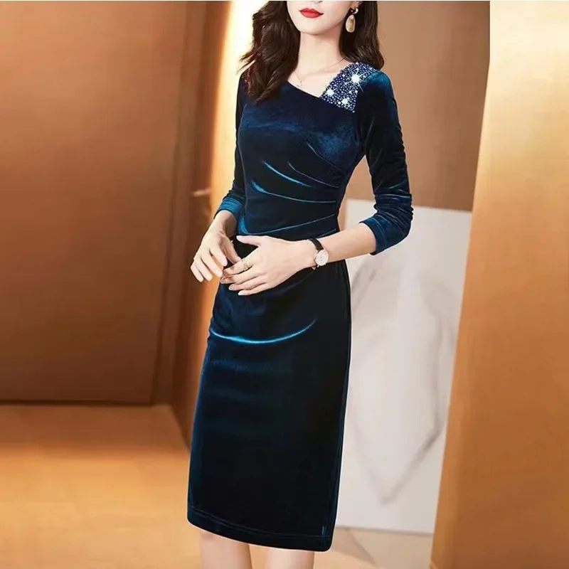 Gold Silk Velvet Long Sleeve Fleece Lined Thickened Women's Dress Fashionable Spring Autumn Season Trendy Wrap Around Skirt