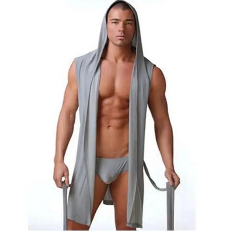 Men\'s Home Bathrobe Sleeveless Silk Smooth Male Hooded Bathrobe Pajamas Comfortable Ultra thin lingerie Loose Underwear