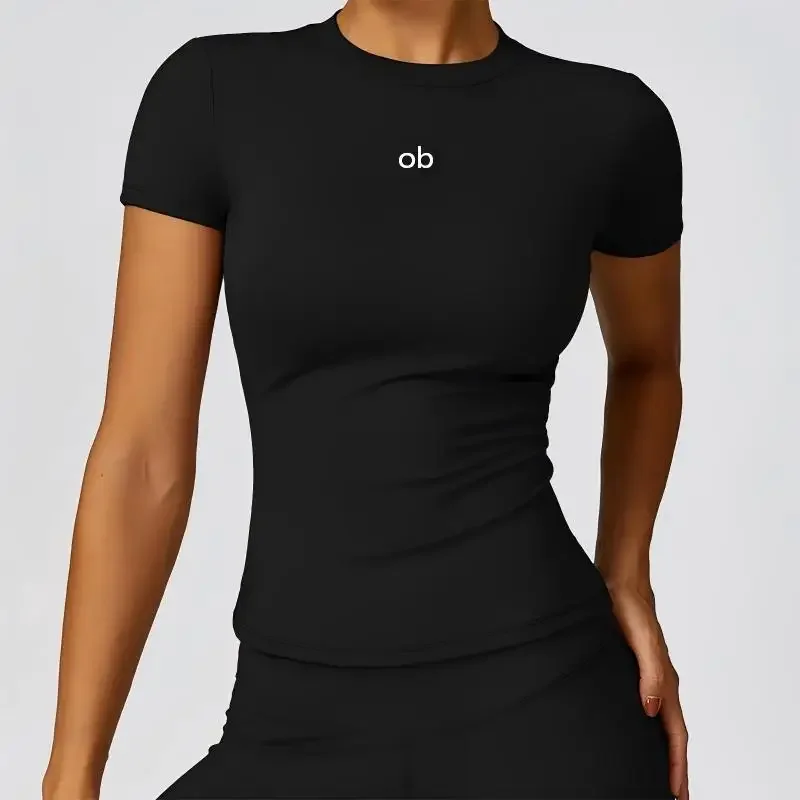 Yoga tight pure color yoga short-sleeved quick-drying sheer fitness top that fits well for running, front-shoulder yoga top