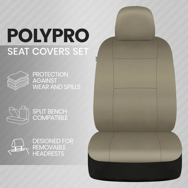 Seat Covers Full Set in Solid Beige – Front and Rear Split Bench Seat , Easy to Install for Auto Trucks Van SUV Car