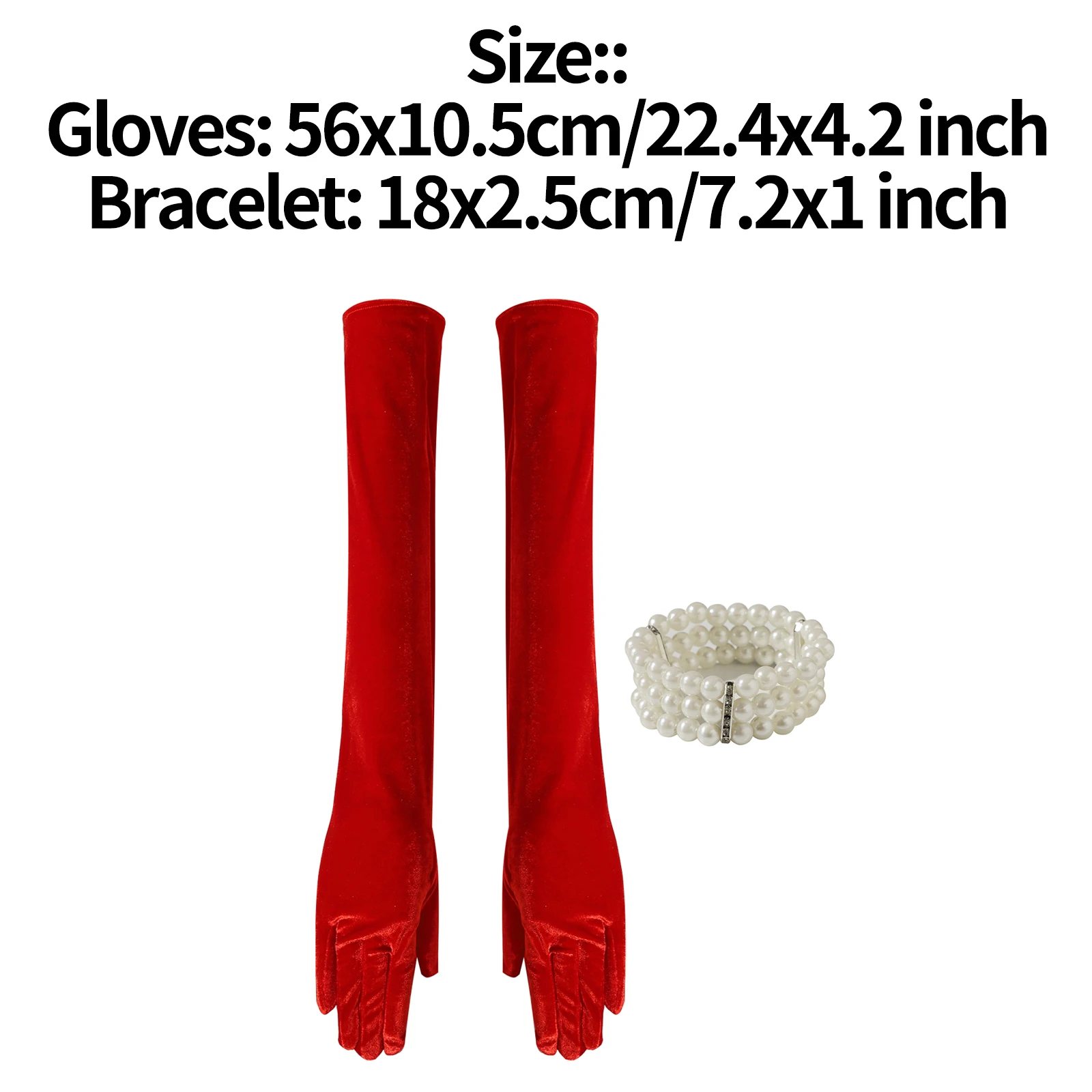 Womens 1920s Flapper Velvet Gloves And Faux Pearl Bracelet Set Full Finger Long Gloves Elastic Bracelet Body Jewelry