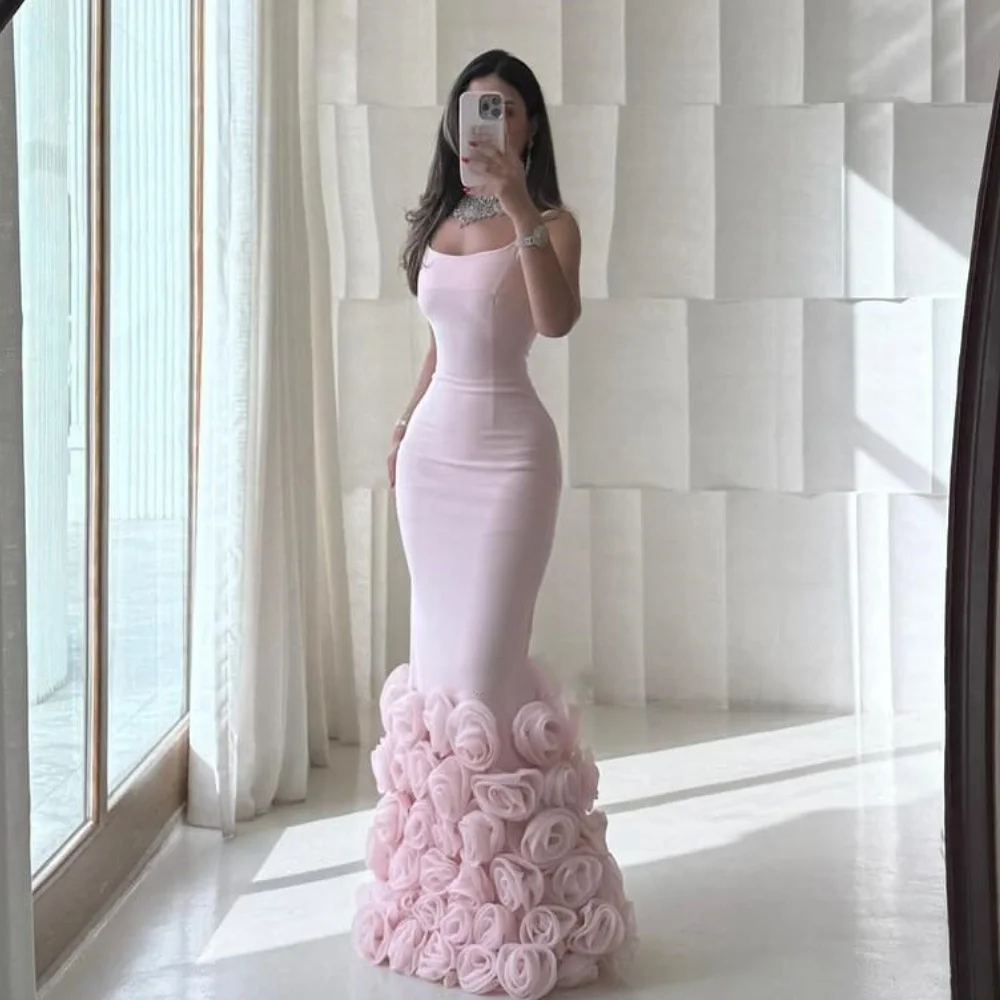 Personalizzato squisito intricato jersey fatto a mano fiore piega sirena cinturino per spaghetti abiti lunghi abiti per occasioni su misura sexy