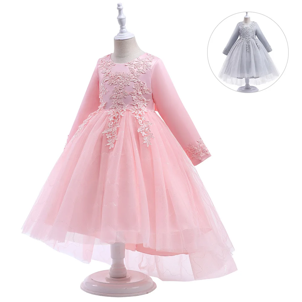 

ELBCOS 4-14T Embroidery Flower Long Sleeve Bow Belt Lace Swallowtail Skirt Costumes Evening Full Dress